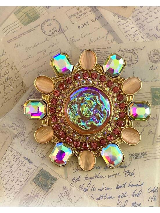 Jewelry - Rose Goldtone Iridescent Cameo Sunburst Goddess Portrait Rhinestone Brooch